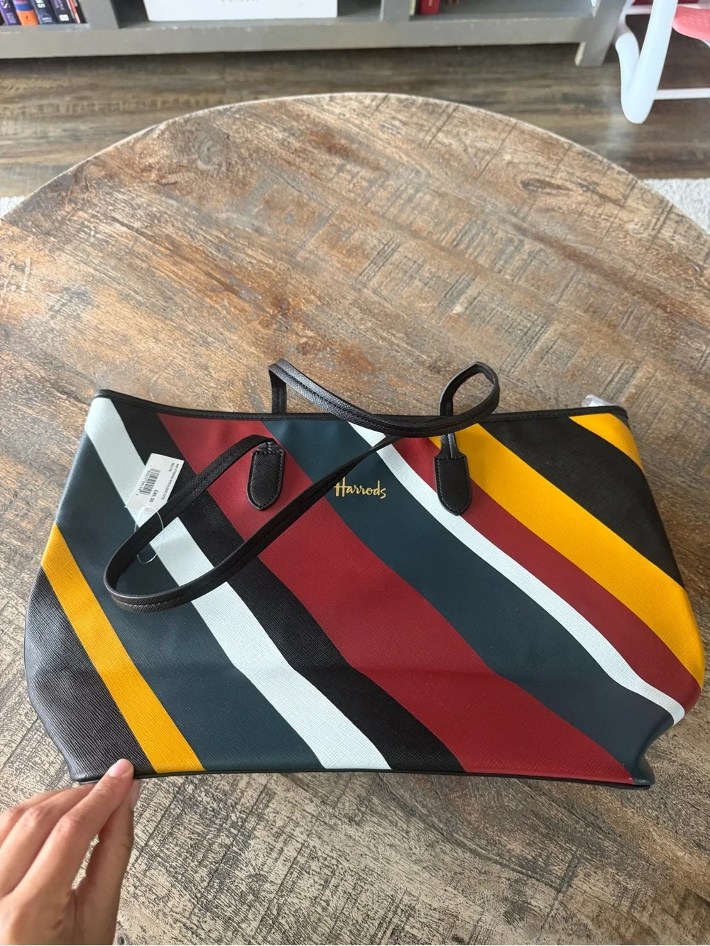 Harrods Multicolor Diagonal Stripe Tote - Red, Black, White & Mustard